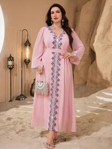 Al Najma Plus Size Middle Eastern Style Minimalist Fashion Long Tunic For Women - Pink - View 4