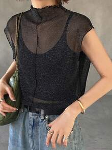 FRIFUL Women's Metallic Sheer Fabric Sleeveless Mock Neck Ruffle Hem Camisole Top - Black - View 3