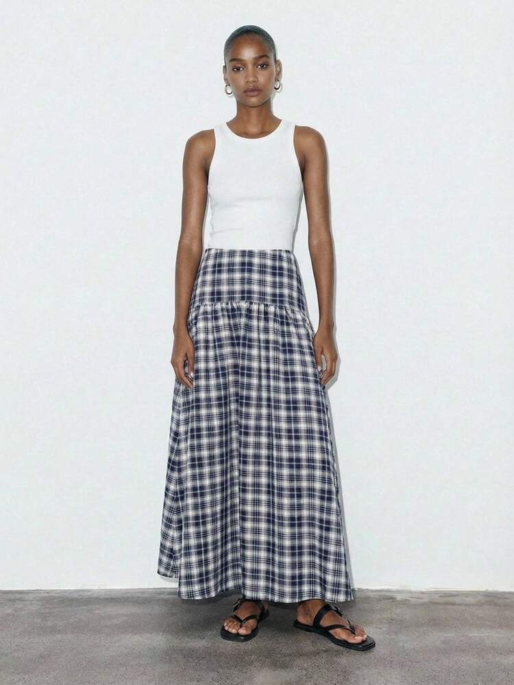 SHEIN Maija Women's Plaid Casual Commuter Versatile A-Line Skirt, Women's Low-Waisted Plaid Skirt, Classic Plaid, Summer, Spring Break , Spring , Valentines Day, Beach Skirt, Going Out Skirt