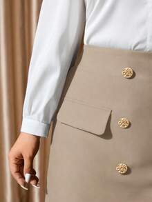 Cravure Chân váy ngắn hai hàng cúc thời trang và thanh lịch dành cho nữ - Màu Khaki - Xem 5