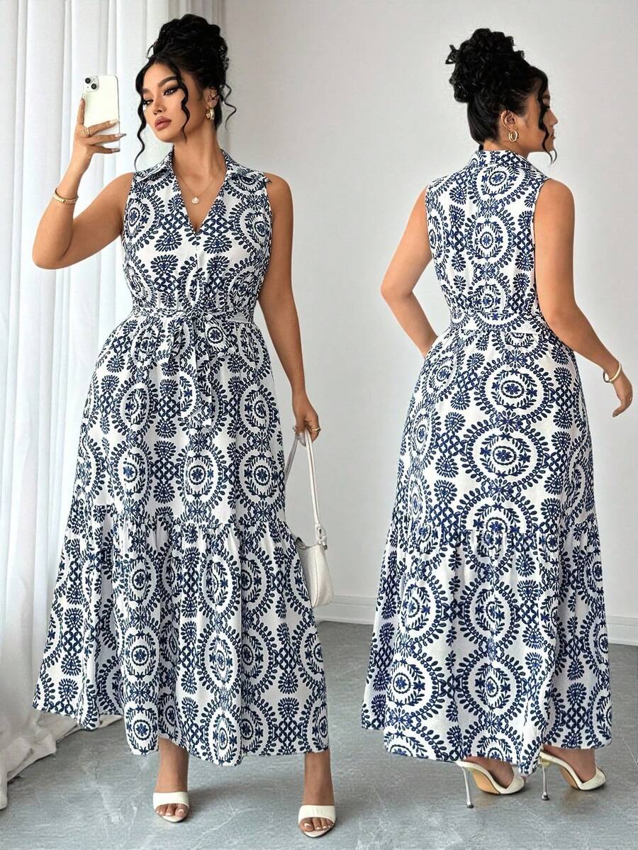 SHEIN Elenzya Elenzga 大码优雅花卉V领长款连衣裙，适合度假/旅行 - 藍色 - 查看 1