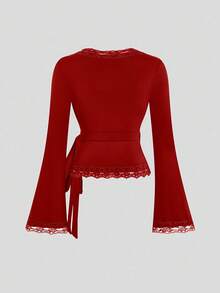 SHEIN Sweetro Áo thun nữ cổ chữ V phối ren đan chéo, thích hợp cho đầu thu. - Đỏ - Xem 2