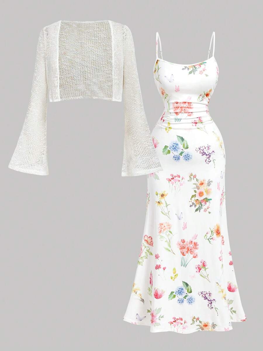 SHEIN MOD Bộ đồ ngủ hai mảnh cỡ lớn in họa tiết hoa và dây leo nhiều màu sắc, kiểu dáng midi, màu be, chất liệu ren móc, thích hợp cho kỳ nghỉ lãng mạn. - Nhiều màu - Xem 1