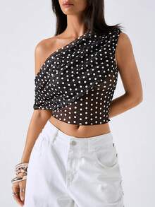 LYSMO Áo crop top chấm bi dáng ôm bất đối xứng vai, phong cách tối giản, mẫu mới 2026 dành cho nữ mùa xuân/hè. Áo mùa hè/áo hè/áo hè/áo nữ mùa xuân/nghỉ xuân/sinh nhật cho nữ/áo đi chơi/áo đi chơi cho nữ/áo đi chơi/áo kiểu thường ngày cho nữ/áo đi nghỉ mát/áo đi nghỉ mát cho nữ/phong cách Y2K/phụ nữ Y2K/phong cách những năm 2000/áo vàng/trang phục lễ hội/phong cách lễ hội 2026 cho nữ/lễ hội/sinh nhật cho nữ/mùa tựu trường/trở lại trường/áo chấm bi. - Đen và trắng - Xem 5