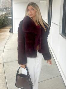 Sydney Algeri Women's Elegant Faux Fur Coat In Fall/Winter,New Year Clothes,Christmas Women's Clothing,Women's Winter Clothes,Women's Winter Coat,Winter Clothes For Women,Autumn Clothing For Women,Fall Outfits For Women,Autumn Clothes,Fall Clothes For Women,Casual,Business Commuting,Burgundy Coat,Ancora Red Faux Fur Coat,Wine Red Caot,Old Money Style,Simple Solid Color Coat - Burgundy - View 2