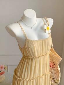 Comfortcana Đầm ngắn hai dây màu trơn dáng casual dành cho nữ, thích hợp cho kỳ nghỉ hè. - Màu vàng - Xem 3
