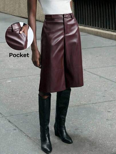 Maija 2026新款女式时尚通勤纯色阔腿PU七分裤，秋季、万圣节、优雅、哥特、复古风格皆宜，高腰直筒设计，实用百搭，完美打造都市街头风。圣帕特里克节、复活节、夏季派对、海滩度假必备单品。