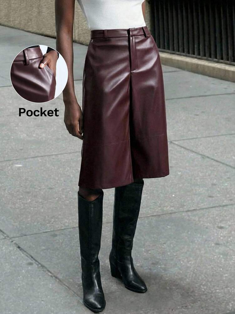 SHEIN Maija 2026 Women's Fashion Commuter Solid Color Wide Leg PU 3/4 Pants Fall, Halloween, Elegant, Goth, Old Money Style, High-Waisted Straight-Leg Pants, Practical And Versatile, Perfect For Urban Street Style. St Patrick's Day Easter Summer Party Top Beach