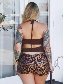 Arliah 猎豹印花女式性感低腰豹纹闪亮短裤，时尚又 - 棕色 - 查看 2