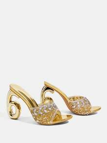 CUCCOO TILAWA Damskie luksusowe eleganckie szpilki ze strasami, przezroczyste szpilki ze strasami, prezentujące elegancję, modny i uniwersalny styl, wygodne i trwałe buty damskie na wysokim obcasie, błyszczące ozdobne sandały ze strasami. - Złoto - Zobacz 3