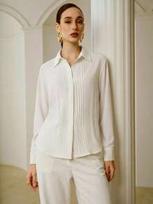 ZEYLAH Áo sơ mi dài tay kẻ sọc màu trơn dành cho nữ, thích hợp mặc đi làm hàng ngày. - trắng - Xem 4