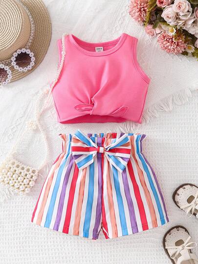 SHEIN Vintaside Kids 1 Piece Toddler Little Girls Kids Casual Stylish Sweet Colorful Vertical Striped Rainbow Pattern Bow Front Knot Hem Sleeveless Tank Tops T-Shirt And Elastic Waist Shorts Pants Trousers Two Piece Outfits Sets For  Party Summer Spring To Summer Primavera A Verano Toddler Girl Striped Shorts Girls Summer Outfit Baby Girls Sets