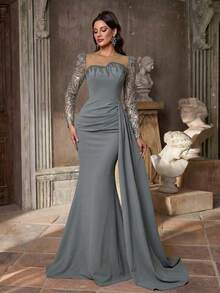 Glamrae Đầm dạ hội sang trọng, quý phái dành cho nữ, chất liệu vải đính sequin và hạt cườm (đính kèm nhiều chi tiết trang trí) - Xám - Xem 3