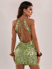 SHEIN BAE Váy ngắn đính sequin dành cho nữ - màu xanh lá - Xem 2