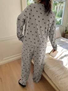 Dazy Plus 2pcs Plus Size Women Casual Bow Print Loose Pajama Set, Comfortable Home Wear For Spring & Autumn - Grey - View 6