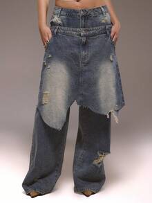 MUSERA Distressed Layered Double Skirt Detail Jeans Winter Streetwear Going Out Casual Western Born Faded - Medium Wash - View 4