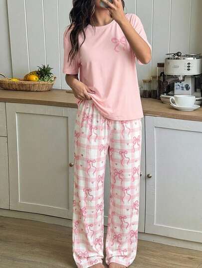 Tween Girl Pink Top With Bow Print, Paired With Bow & Plaid Print Loose Fit 2Pcs Knit Pajama Set, Comfortable, Soft, Sweet & Elegant Style