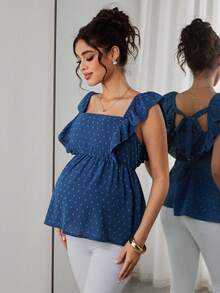 Momance Nursing Top With Flutter Sleeves, Square Neckline, Hidden Zippers On Front, A-Line Hem, Bow Tie Back, Cutout Design - Blue - View 3