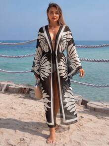 Swim Lushoire 女士度假沙滩网纱面料数码印花喇叭袖松紧腰抽绳系带度假和服浴袍 - 彩色 - 查看 3