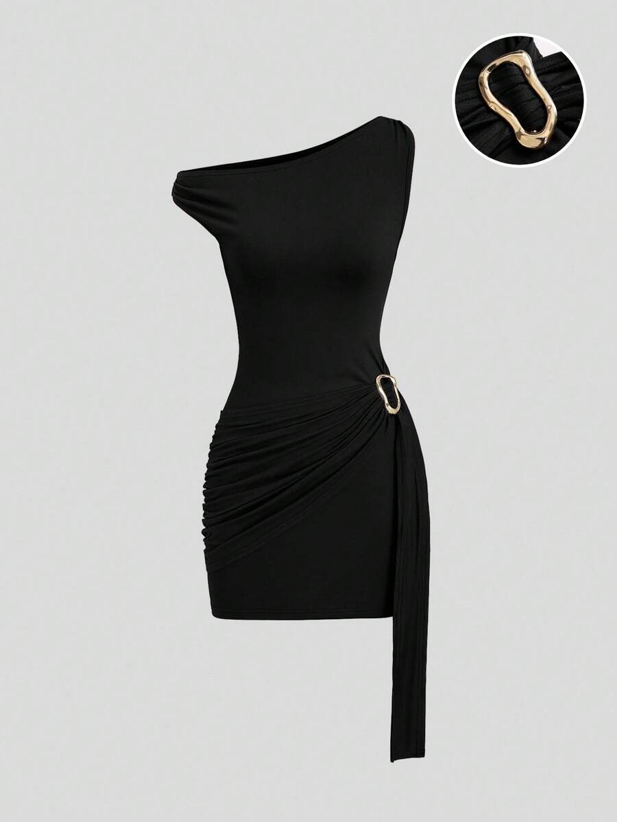 Sweetra Đầm ngắn ôm sát màu nâu, chất liệu vải dệt kim co giãn cao, khóa kim loại trang trí, cổ tròn, không tay, có bèo nhún bên hông và thắt eo, thanh lịch, thích hợp cho tiệc tùng, công sở, phong cách vintage, tối giản, đa năng, mọi mùa. - màu đen - Xem 1