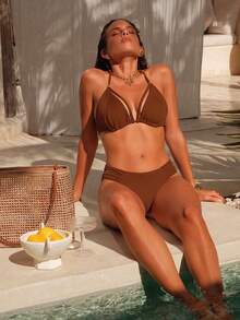 Swim Chiccia Sexigt bikiniset med pärlor och halterneck för kvinnor, glansigt tyg, flätat repdesign, lämpligt för strandsemester - Brun - Visa 3