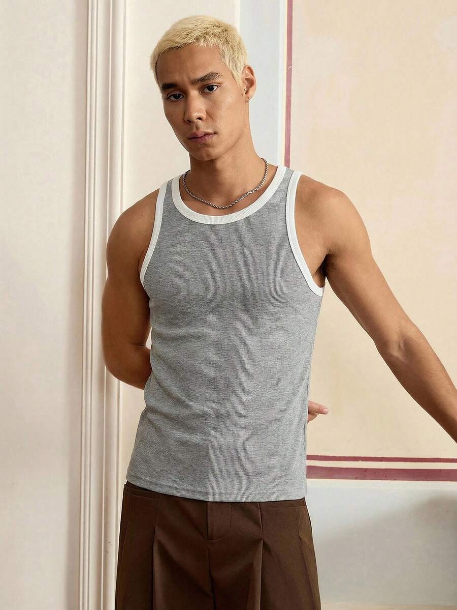 SWAVVY Men's Summer Casual Contrast Trim Tank Top Men's Tank Top Men's Round Neck Tank Top Men's Sleeveless Top Grey Top Men Men's Ribbed Tank Top - Grey - View 1