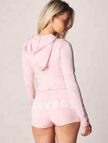 Missguided x Playboy Zip Up Hooded Long Sleeve Crop Top With Front Logo Print Pink Fleece Sweatshirt Jacket For Women Fall Winter - Pink - View 3