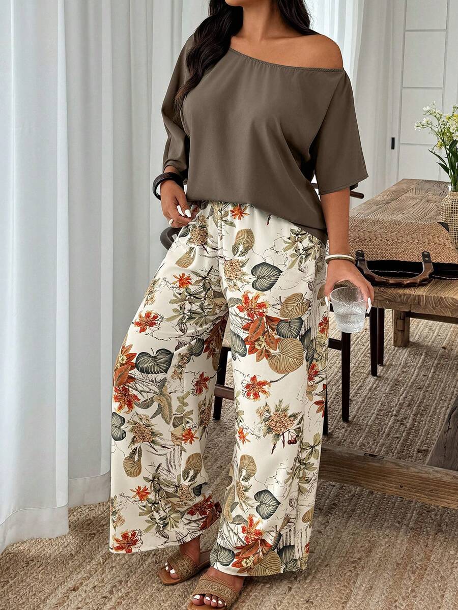 Weeklong Conjunto feminino plus size casual de férias com blusa folgada de gola assimétrica e calça pantalona com estampa floral, ideal para primavera/verão/outono. - Multicolorido - Ver 1