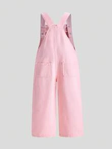 SHEIN 女童夏季蓝色牛仔连体裤，新款时尚爱心印花设计，休闲舒适柔软牛仔连体裤 - 杏色 - 查看 2