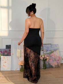 SHEIN EZwear 大码浪漫优雅黑色蕾丝无肩带紧身连衣裙，不对称下摆，适合情人节、婚礼、派对、音乐会、夜店派对、女士连衣裙、鸡尾酒礼服 - 黑色 - 查看 2