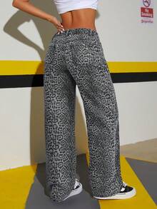 SHEIN ICON Quần jeans nữ ống đứng cạp thấp in họa tiết da báo, đã qua xử lý giặt. - Xám - Xem 2