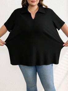 SHEIN CURVE+ 大码女式纯色 Polo 领短袖休闲百搭 T 恤/2026/新年 - 黑色 - 查看 5