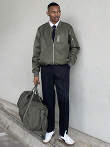 Ngobest Haus Ngobest Haus 男士纯色棒球领休闲复古潮流新款上衣棒球夹克，春秋 - 軍綠色 - 查看 1