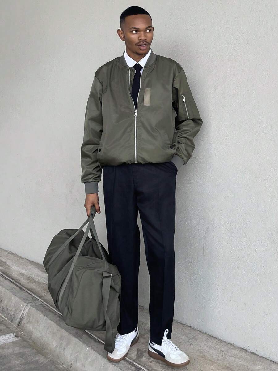 Ngobest Haus Ngobest Haus 男士纯色棒球领休闲复古潮流新款上衣棒球夹克，春秋 - 軍綠色 - 查看 1