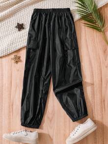 Sparklyn Tween Girls' Metallic Folded Pocket Pants, & Avant-Garde, Metallic Design, Folded Pockets, High-Waisted Loose Fit - Black - View 1