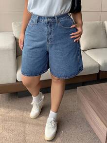 Dazy Plus 深蓝色水洗蝴蝶刺绣贴袋阔腿七分牛仔短裤，春夏款 - 淺色水洗藍 - 查看 4