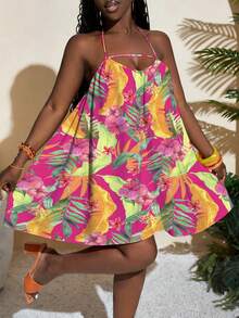 Slaydiva Spring/Summer Women's Sleeveless Halter Mini Dress/New Music Festival/Western /Boho/Easter/Nashville/Birthday/Graduation Student Daily/Casual All-Match Versatile Leisure/Cruise/Travel Beach Sunbathing/Vacation/Vibrant Floral Sleeveless Halter Mini Dress - Multicolor - View 6