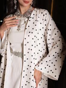 Al Najma Polka Dot Print Flare Sleeve Satin Coat - Apricot - View 7