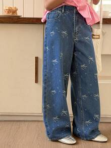 DAZY Tween Girls' Pocketed Button Bow Print Casual Versatile Daily Wear Wide Leg Jeans - Blue - View 5
