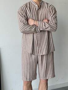 DAZY 男士条纹单排扣长袖衬衫上衣和短裤夏季休闲套装 - 彩色 - 查看 5