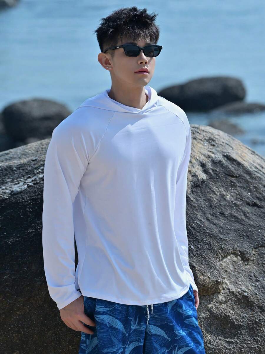DAZY 男士纯色连帽长袖防晒衣，夏季 - 白色 - 查看 1