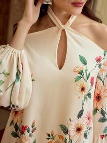 ZEYLAH 女士优雅印花露肩灯笼袖流苏下摆宽松中长连衣裙，度假风 - 杏色 - 查看 3