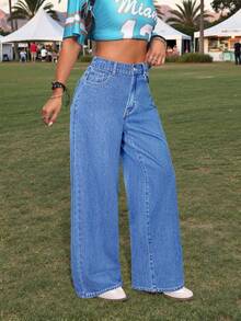 SHEIN PETITE 女士蓝色休闲直筒宽松牛仔裤，带腰带环 - 中等水洗藍 - 查看 6