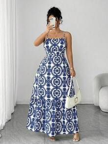Elenzga 大码女士优雅吊带褶皱腰A字连衣裙，双色树叶印花，修身A字廓形，显瘦设计，优雅精致，适合返校、毕业典礼、情人节、音乐节、母亲节、万圣节、感恩节、复活节、国庆节、晚会、约会、派对、婚礼、户外活动等场合。长裙两件套，女士套装，女士两件套，长裙套装，夏季两件套。 - 藍白色 - 查看 3