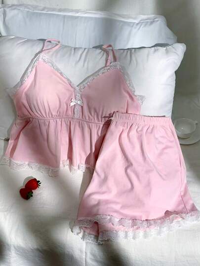 Solflare Plus Size Women's Lace Patchwork Camisole And Pink Shorts 2 Pieces Set, Spring/Summer,Carnival Women Look 2026, Holiday Outfits, Casual,Knitted Camisole Top With Padded Bra And Lace Trim Shorts Set Lace Trim Two Piece Set Cute Two Piece Set