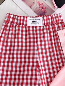 SHEIN Playful Pals 两件套女童草莓印花圆领短袖上衣和裤子，休闲夏季套装 - 藕粉色 - 查看 4