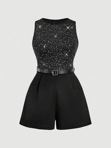 SHEIN MOD 大码女式亮面印花无袖连体裤 - 黑色 - 查看 2