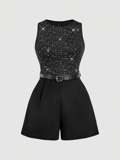 SHEIN MOD 大码女式亮面印花无袖连体裤