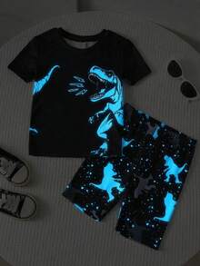 Bubblio Young Boys Black Knitted Short Sleeve Regular Length Dinosaur Animal Print PJ Set2pcs Young Boy Snug Fit Glow-In-The-Dark Dinosaur Print Short Sleeve Shorts Knit Soft & Breathable Pajama Set,Toddler Boy Clothes,Toddler,Easter Gift For Boys Night Clothes For Boys Glow In The Dark Pajamas Boys Pajama Sets Shorts - Black - View 5