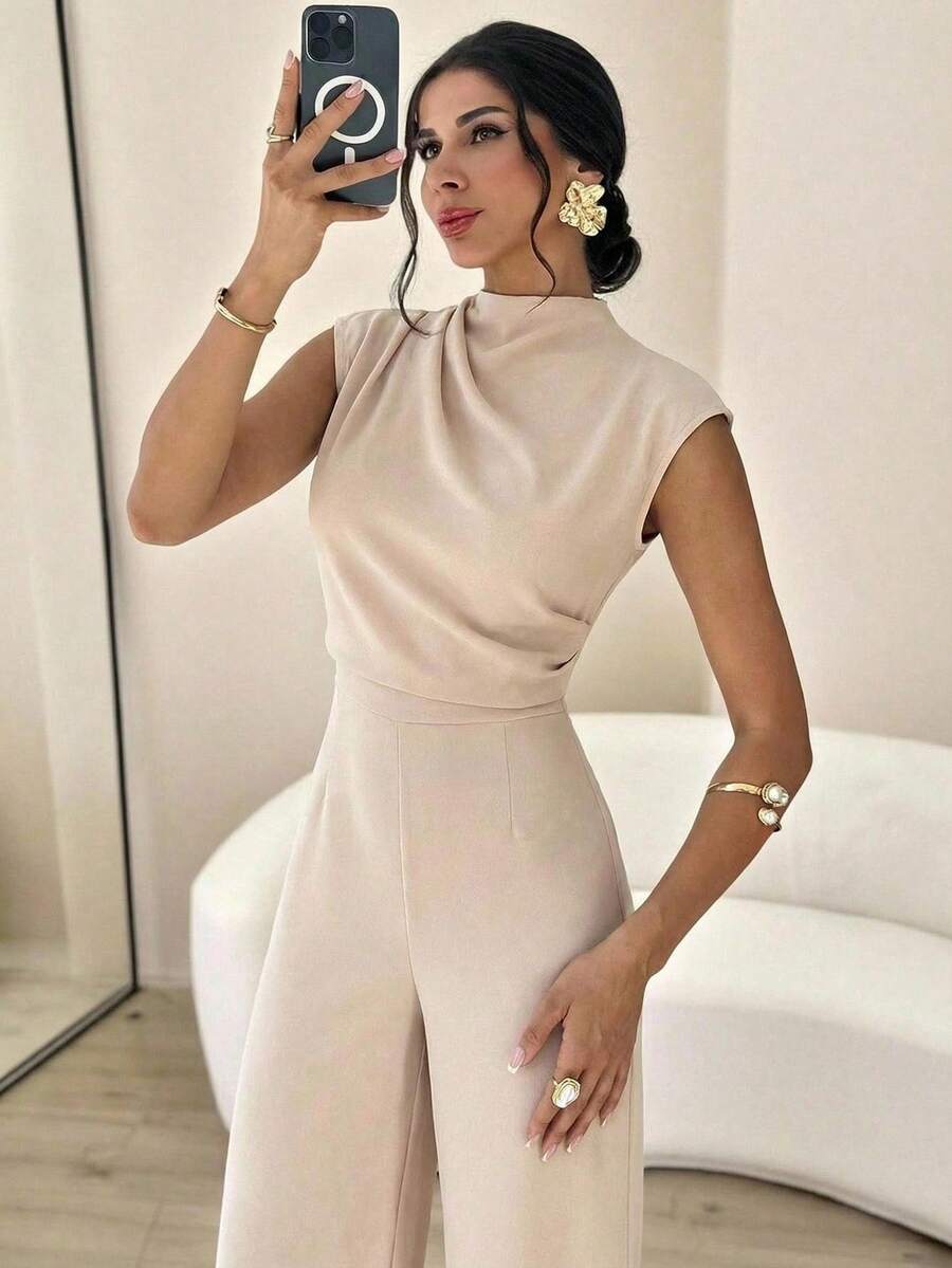 Firerie 女款優雅極簡時尚通勤辦公晚餐都市風垂墜立領短袖高腰寬腿連身褲 米色夏季 - 杏色 - 查看 1